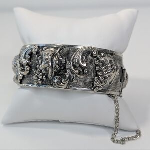 Repousse Grape Vines Hinged Bracelet With Safety Chain - Vintage